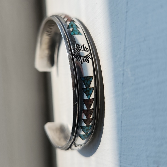 Vintage Nakai Silver Turquise and Coral Inlay Bracelet - Picture 12 of 12